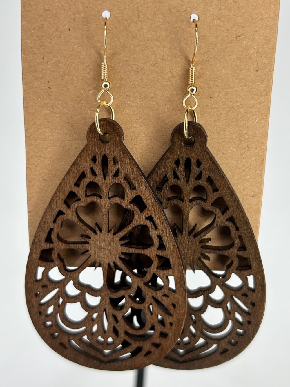 Lightweight Wooden Teardrop Filigree Earrings Brown Fashion Jewelry